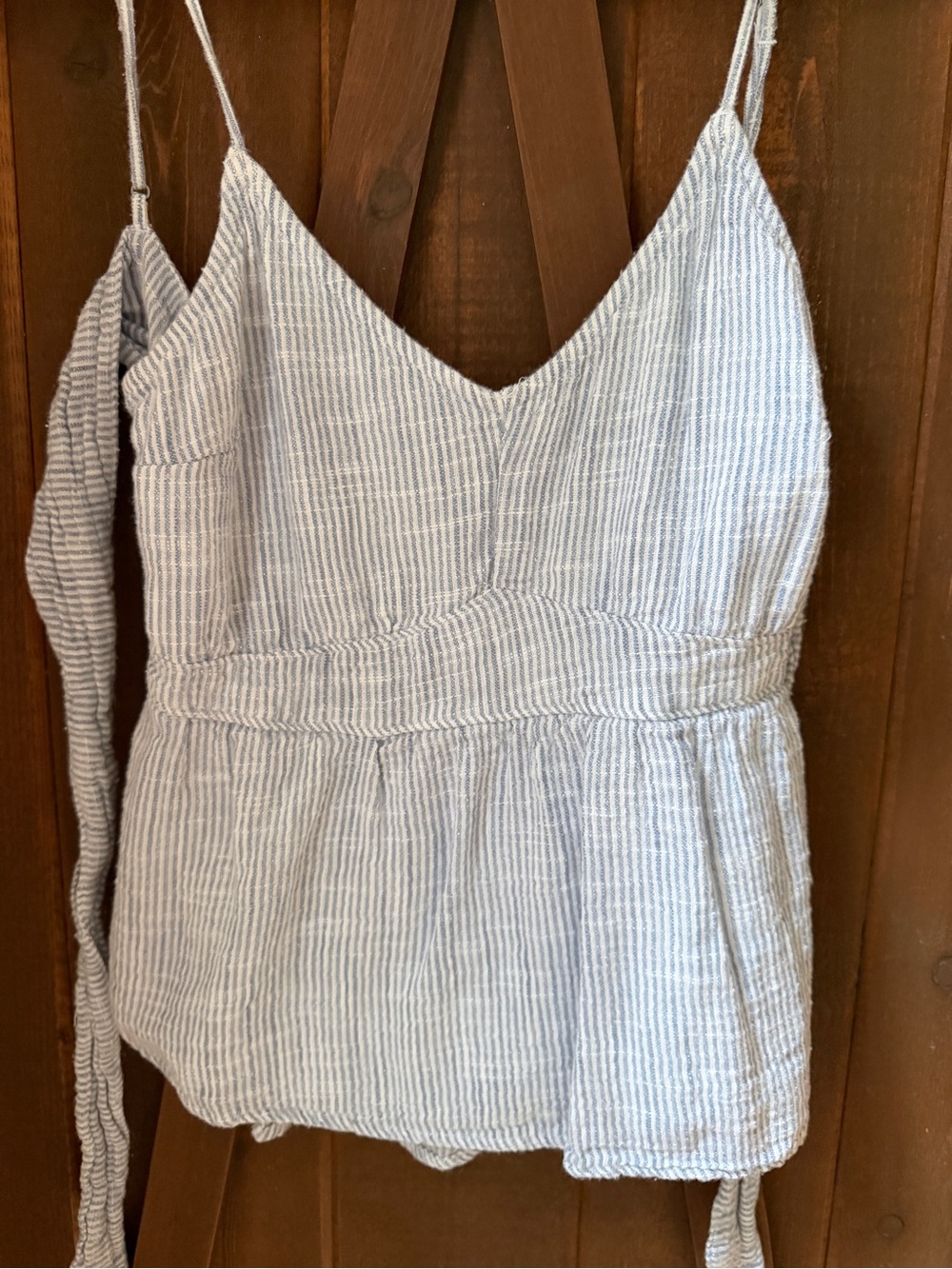 Abercrombie Striped Linen-Blend Tie-Waist Cami Top in Light Blue & White